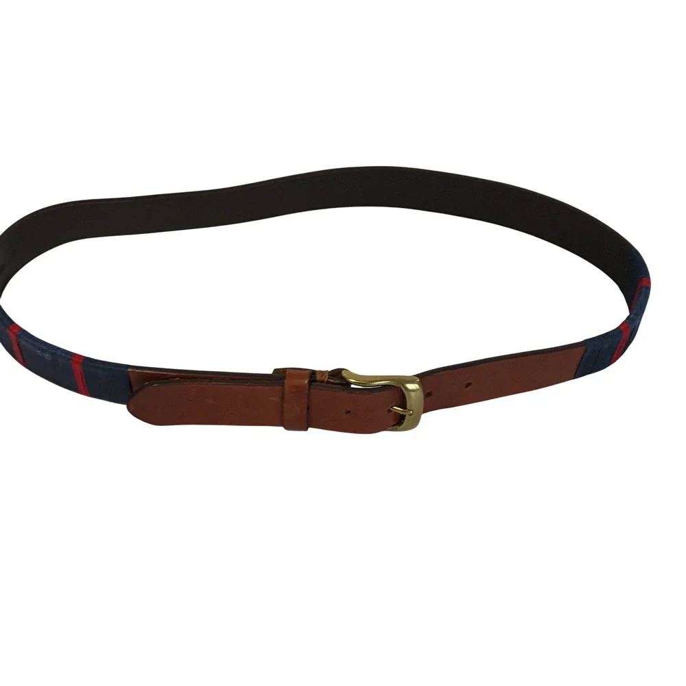 J. McLaughlin Leather Surcingle Belt Men's 38 Brown Navy Red Preppy Nautical
